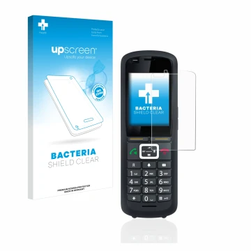 Parte frontal de un envase de producto con el logotipo de la marca upscreen. Al lado se muestra el dispositivo Gigaset R700H P