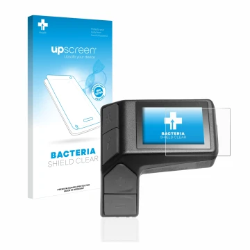 Parte frontal de un envase de producto con el logotipo de la marca upscreen. Al lado se muestra el dispositivo Giant Ridecontr