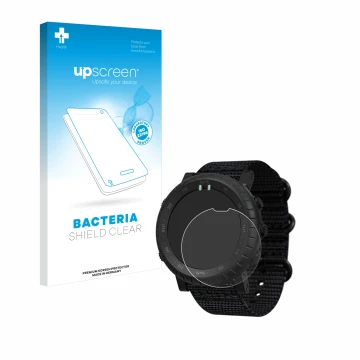 Parte frontal de un envase de producto con el logotipo de la marca upscreen. Al lado se muestra el dispositivo Suunto Core Alp