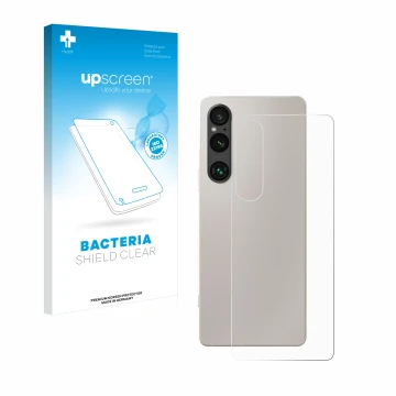 Parte frontal de un envase de producto con el logotipo de la marca upscreen. Al lado se muestra el dispositivo Sony Xperia 1 V