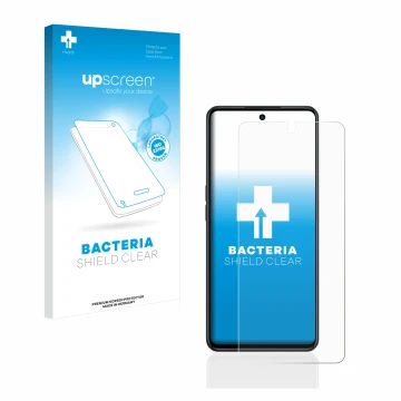 Parte frontal de un envase de producto con el logotipo de la marca upscreen. Al lado se muestra el dispositivo Oppo A98 5G con