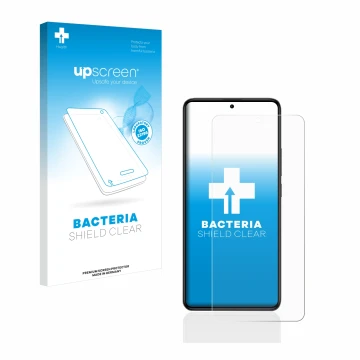 Parte frontal de un envase de producto con el logotipo de la marca upscreen. Al lado se muestra el dispositivo Xiaomi Poco F5 