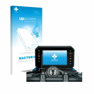 Parte frontal de un envase de producto con el logotipo de la marca upscreen. Al lado se muestra el dispositivo Suzuki GSX-8S 2