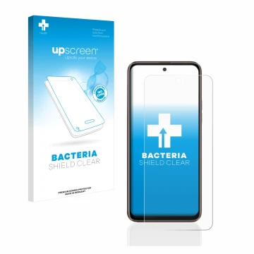 Parte frontal de un envase de producto con el logotipo de la marca upscreen. Al lado se muestra el dispositivo HTC U23 Pro con