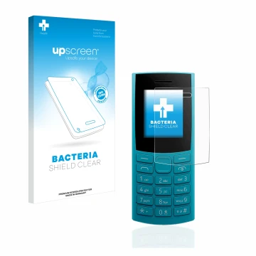 Parte frontal de un envase de producto con el logotipo de la marca upscreen. Al lado se muestra el dispositivo Nokia 105 4G (2