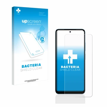 Parte frontal de un envase de producto con el logotipo de la marca upscreen. Al lado se muestra el dispositivo Xiaomi Redmi No