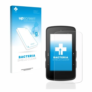 Parte frontal de un envase de producto con el logotipo de la marca upscreen. Al lado se muestra el dispositivo Bryton Rider 75