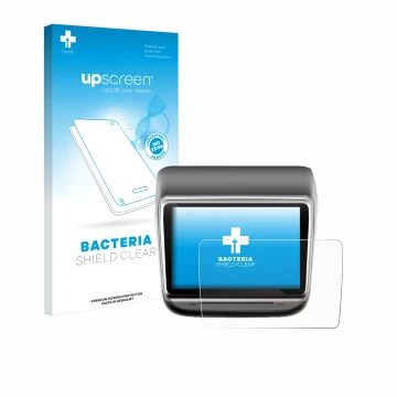 Parte frontal de un envase de producto con el logotipo de la marca upscreen. Al lado se muestra el dispositivo Tesla Model Y I