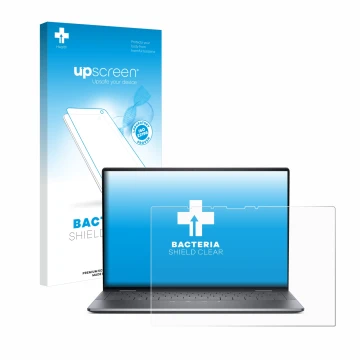 Parte frontal de un envase de producto con el logotipo de la marca upscreen. Al lado se muestra el dispositivo Dell Latitude 9