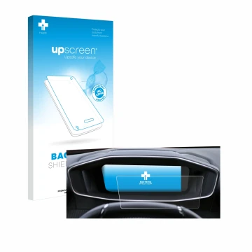 Parte frontal de un envase de producto con el logotipo de la marca upscreen. Al lado se muestra el dispositivo Peugeot 2008 20