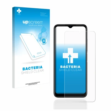 Parte frontal de un envase de producto con el logotipo de la marca upscreen. Al lado se muestra el dispositivo Doogee N50 con 