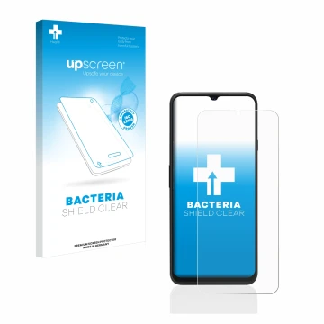 Parte frontal de un envase de producto con el logotipo de la marca upscreen. Al lado se muestra el dispositivo Cubot P80 con s