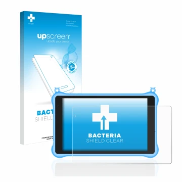 Parte frontal de un envase de producto con el logotipo de la marca upscreen. Al lado se muestra el dispositivo Blackview Tab 5