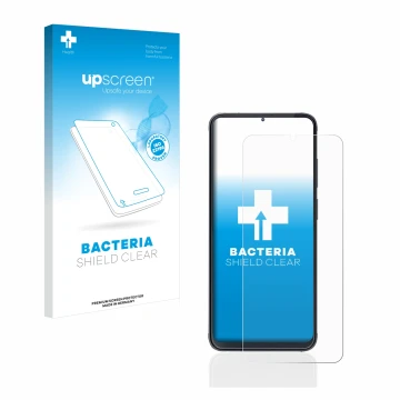 Parte frontal de un envase de producto con el logotipo de la marca upscreen. Al lado se muestra el dispositivo Cubot X70 con s