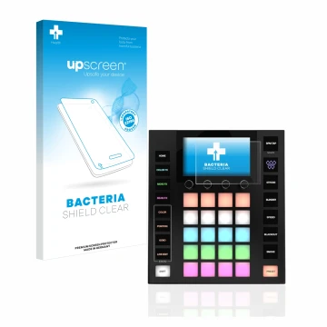 Parte frontal de un envase de producto con el logotipo de la marca upscreen. Al lado se muestra el dispositivo Wolfmix W1 con 