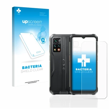 Parte frontal de un envase de producto con el logotipo de la marca upscreen. Al lado se muestra el dispositivo Blackview BV920