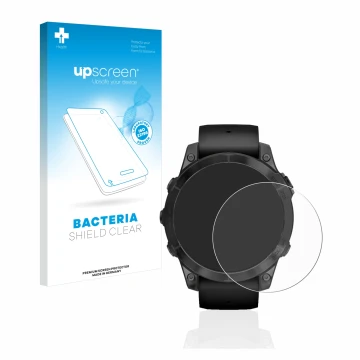 Parte frontal de un envase de producto con el logotipo de la marca upscreen. Al lado se muestra el dispositivo Garmin Epix Pro