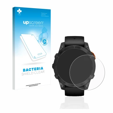 Parte frontal de un envase de producto con el logotipo de la marca upscreen. Al lado se muestra el dispositivo Garmin Fenix 7 