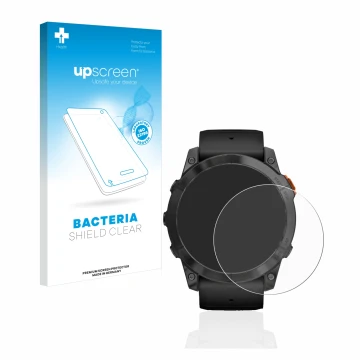 Parte frontal de un envase de producto con el logotipo de la marca upscreen. Al lado se muestra el dispositivo Garmin Fenix 7X