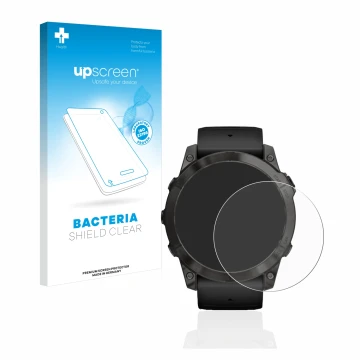 Parte frontal de un envase de producto con el logotipo de la marca upscreen. Al lado se muestra el dispositivo Garmin Epix Pro