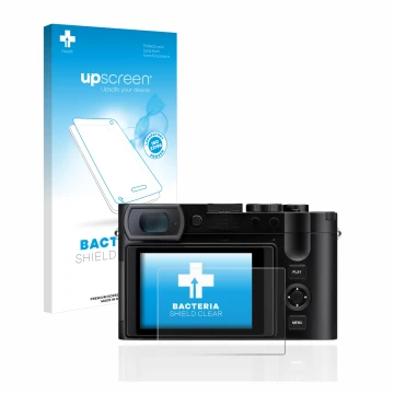 Parte frontal de un envase de producto con el logotipo de la marca upscreen. Al lado se muestra el dispositivo Leica Q3 con su