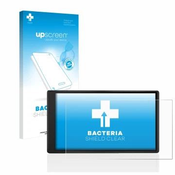 Parte frontal de un envase de producto con el logotipo de la marca upscreen. Al lado se muestra el dispositivo Garmin Drive 55