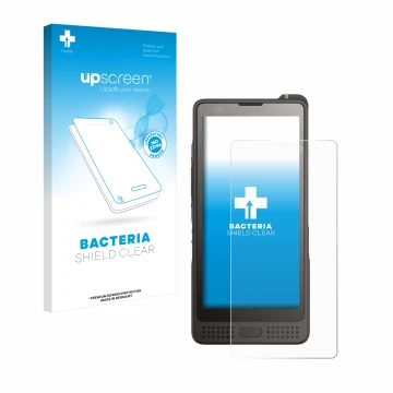 Parte frontal de un envase de producto con el logotipo de la marca upscreen. Al lado se muestra el dispositivo Sonim XP10 con 