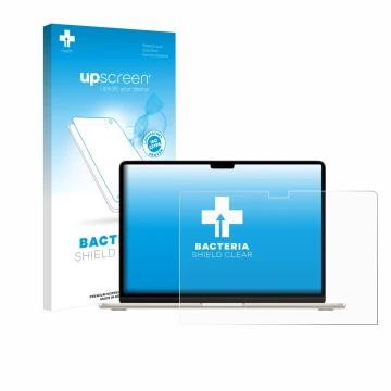 Parte frontal de un envase de producto con el logotipo de la marca upscreen. Al lado se muestra el dispositivo Apple MacBook A