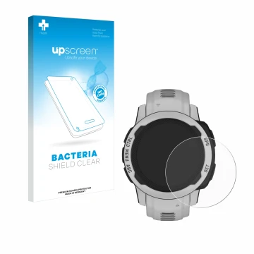 Parte frontal de un envase de producto con el logotipo de la marca upscreen. Al lado se muestra el dispositivo Garmin Instinct