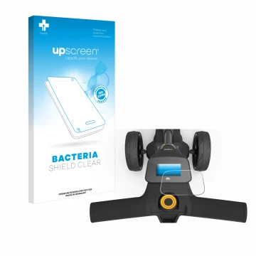 Parte frontal de un envase de producto con el logotipo de la marca upscreen. Al lado se muestra el dispositivo PowaKaddy FX3 c