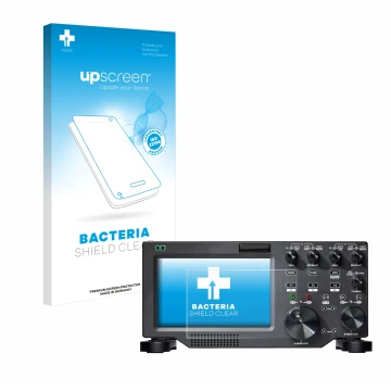 Parte frontal de un envase de producto con el logotipo de la marca upscreen. Al lado se muestra el dispositivo FlexRadio Maest