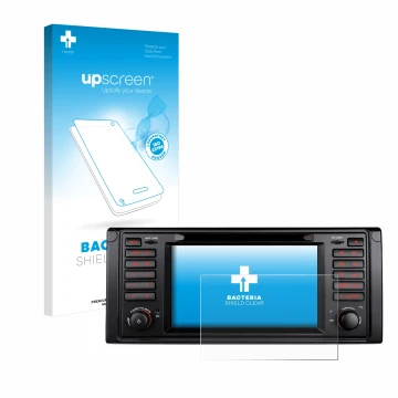 Parte frontal de un envase de producto con el logotipo de la marca upscreen. Al lado se muestra el dispositivo Xtrons IQ7039B 