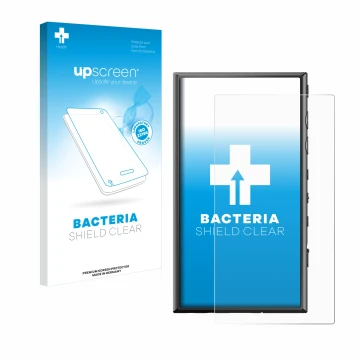 Parte frontal de un envase de producto con el logotipo de la marca upscreen. Al lado se muestra el dispositivo Sony Walkman NW