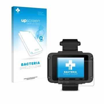 Parte frontal de un envase de producto con el logotipo de la marca upscreen. Al lado se muestra el dispositivo Garmin Foretrex