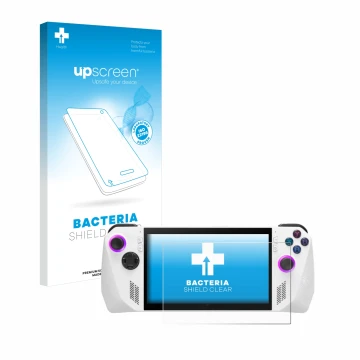 Parte frontal de un envase de producto con el logotipo de la marca upscreen. Al lado se muestra el dispositivo ASUS ROG Ally (