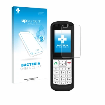 Parte frontal de un envase de producto con el logotipo de la marca upscreen. Al lado se muestra el dispositivo Unify OpenScape