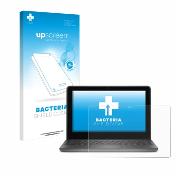 Parte frontal de un envase de producto con el logotipo de la marca upscreen. Al lado se muestra el dispositivo Dell Latitude 3
