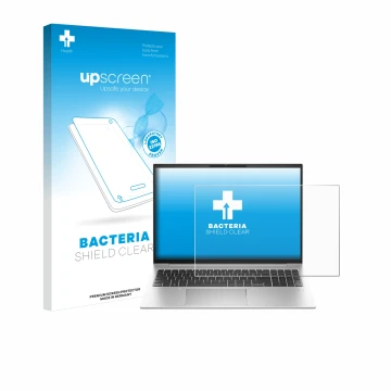Parte frontal de un envase de producto con el logotipo de la marca upscreen. Al lado se muestra el dispositivo HP EliteBook 86
