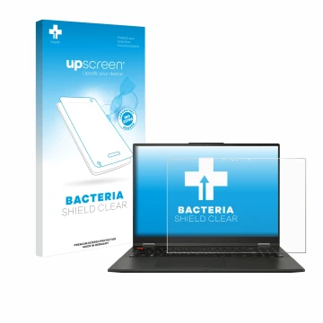Parte frontal de un envase de producto con el logotipo de la marca upscreen. Al lado se muestra el dispositivo ASUS Vivobook S