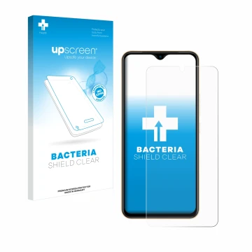 Parte frontal de un envase de producto con el logotipo de la marca upscreen. Al lado se muestra el dispositivo Vivo X80 Lite c