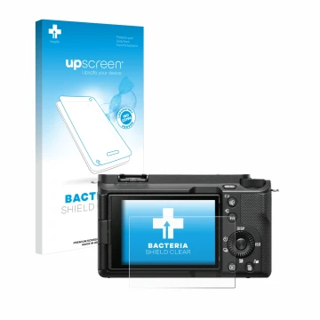 Parte frontal de un envase de producto con el logotipo de la marca upscreen. Al lado se muestra el dispositivo Sony Alpha ZV-E