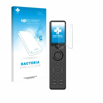 Parte frontal de un envase de producto con el logotipo de la marca upscreen. Al lado se muestra el dispositivo Sofabaton X1 co