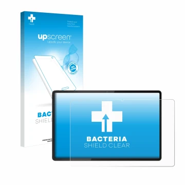 Parte frontal de un envase de producto con el logotipo de la marca upscreen. Al lado se muestra el dispositivo Lenovo Tab Extr