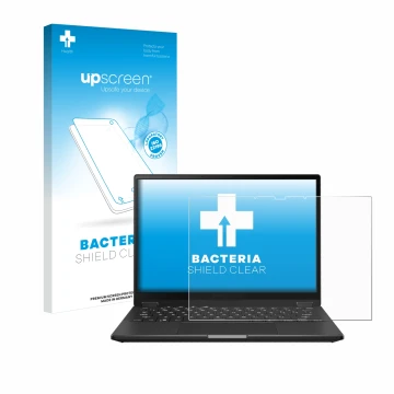 Parte frontal de un envase de producto con el logotipo de la marca upscreen. Al lado se muestra el dispositivo ASUS ROG Flow X