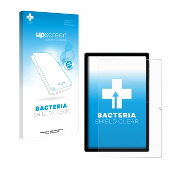 Parte frontal de un envase de producto con el logotipo de la marca upscreen. Al lado se muestra el dispositivo Blackview Tab 1