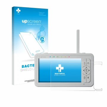Parte frontal de un envase de producto con el logotipo de la marca upscreen. Al lado se muestra el dispositivo Babysense HD S2