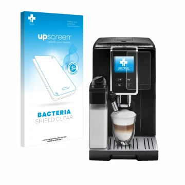 Parte frontal de un envase de producto con el logotipo de la marca upscreen. Al lado se muestra el dispositivo DeLonghi Dinami