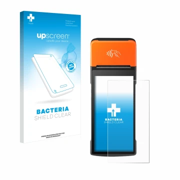 Parte frontal de un envase de producto con el logotipo de la marca upscreen. Al lado se muestra el dispositivo Sunmi V2 Pro co