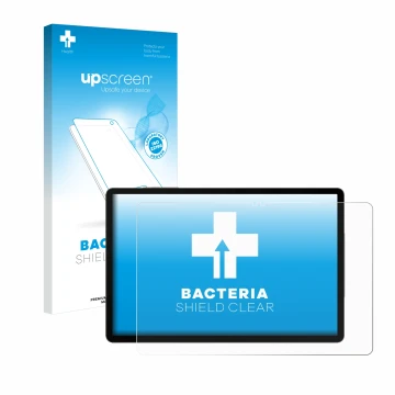 Parte frontal de un envase de producto con el logotipo de la marca upscreen. Al lado se muestra el dispositivo Samsung Galaxy 