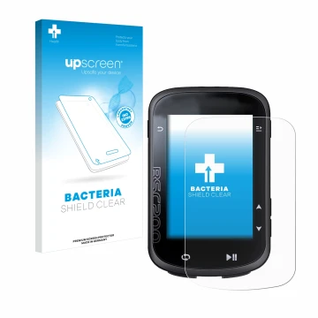 Parte frontal de un envase de producto con el logotipo de la marca upscreen. Al lado se muestra el dispositivo igpsport BSC200